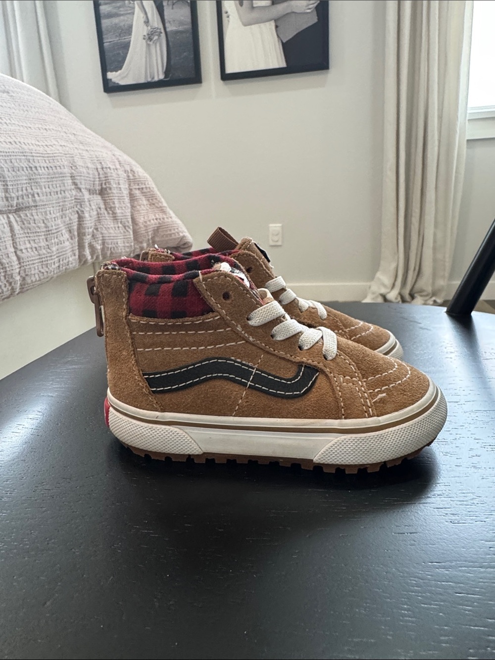 Vans Kids Brown Suede High-Top Sneakers with Red Plaid Collar